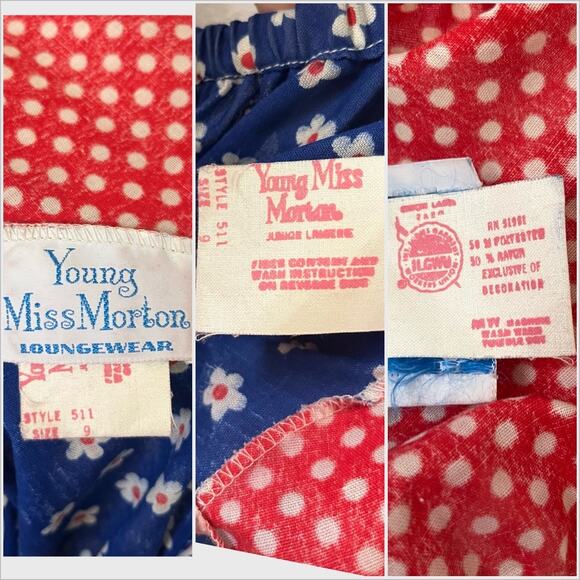 Vintage 70s Peasant Ric Rac Blue Red Maxi Dress Prairie Ditsy // Size Medium - Picture 2 of 6